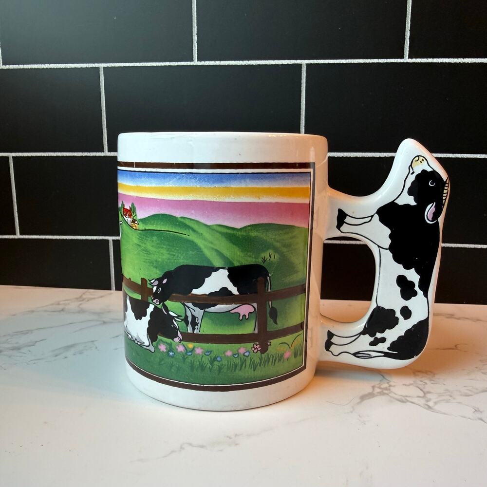 Vintage 1980s Artmark Holstein Cow Handle Ceramic Coffee Mug